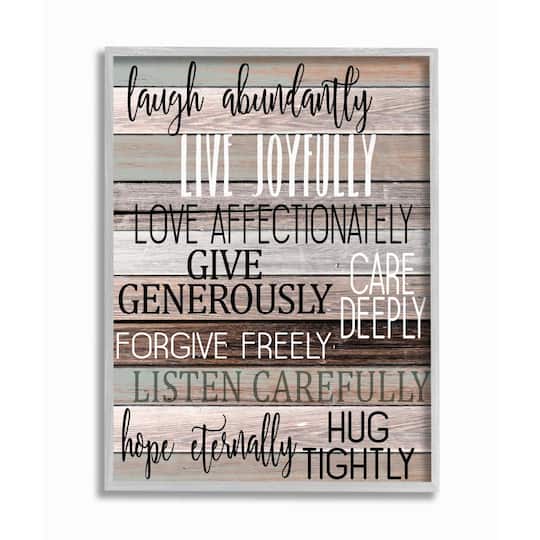 Stupell Industries Live Joyfully Phrases on Wood Grain Brown Tan Teal in Frame Wall Art